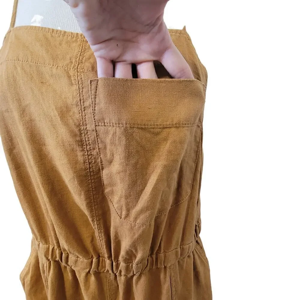 Everlane Linen Sleeveless Spaghetti Strap Open Back Mustard Orange Pant Jumpsuit